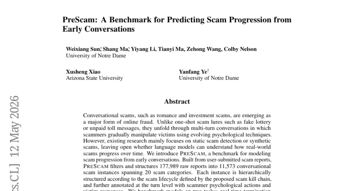 PreScam — 11,573건의 대화형 사기 데이터셋, LLM은 사기 진행을 예측하지 못한다
