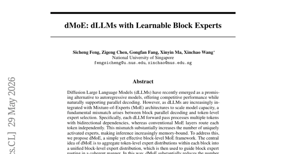 dMoE: 블록 수준 MoE로 dLLM 추론 시 활성화 전문가 수 69.5→14.6으로 감소, 메모리 76% 절약