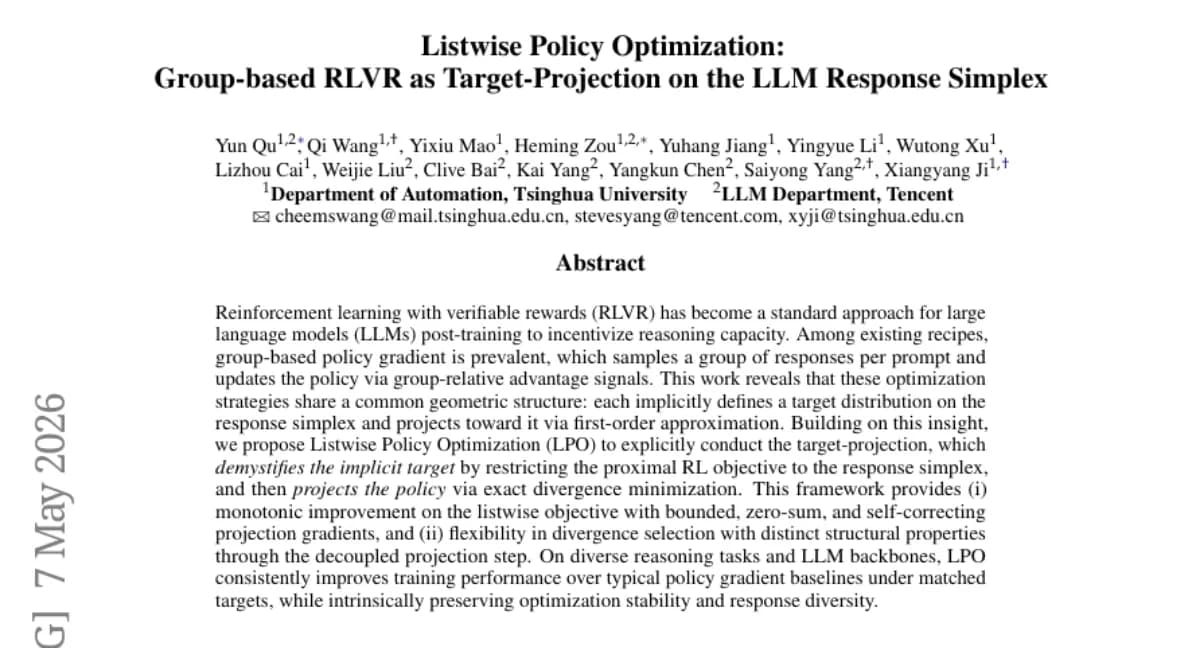 Tencent Hunyuan, Listwise Policy Optimization (LPO) 공개 — RLVR 목적 함수의 기하학적 구조를 명시적 투영으로 해석