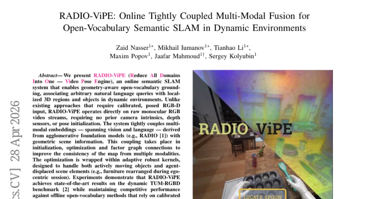 RADIO-ViPE: 단안 RGB 영상으로 개방형 어휘 의미 정합을 수행하는 온라인 SLAM