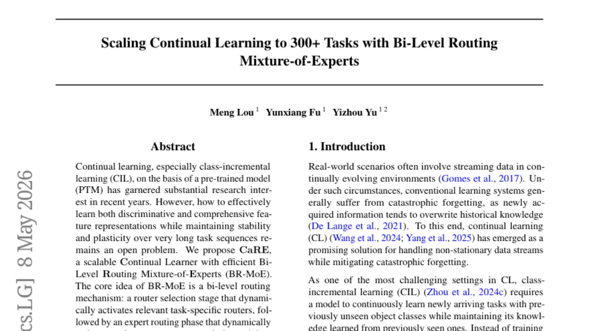 CaRE: 이중 라우팅 MoE로 300개 이상 태스크를 학습하는 continual learner