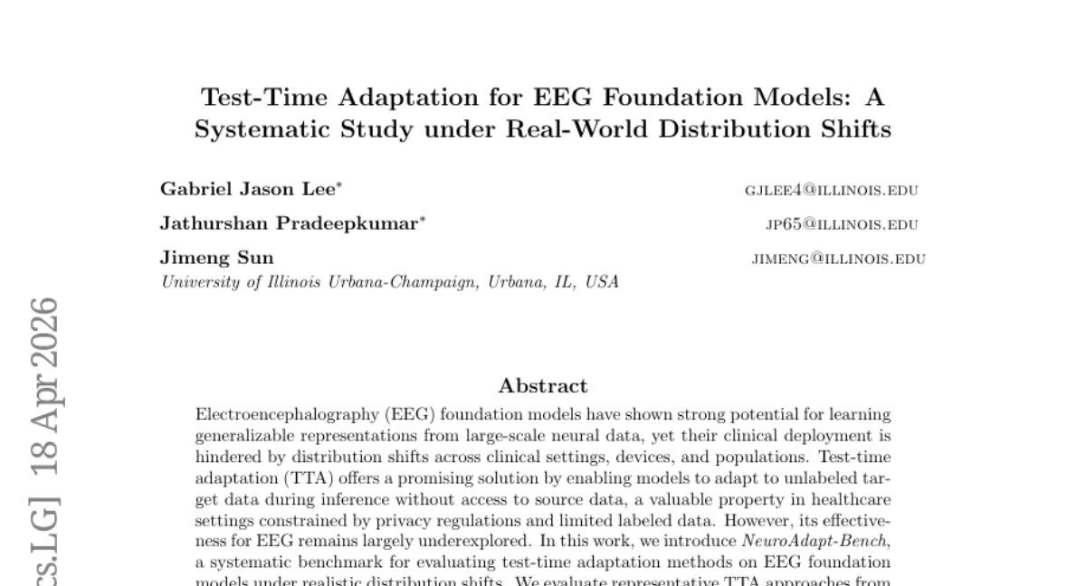 NeuroAdapt-Bench: TTA methods fail on EEG foundation models — optimization-free methods more stable