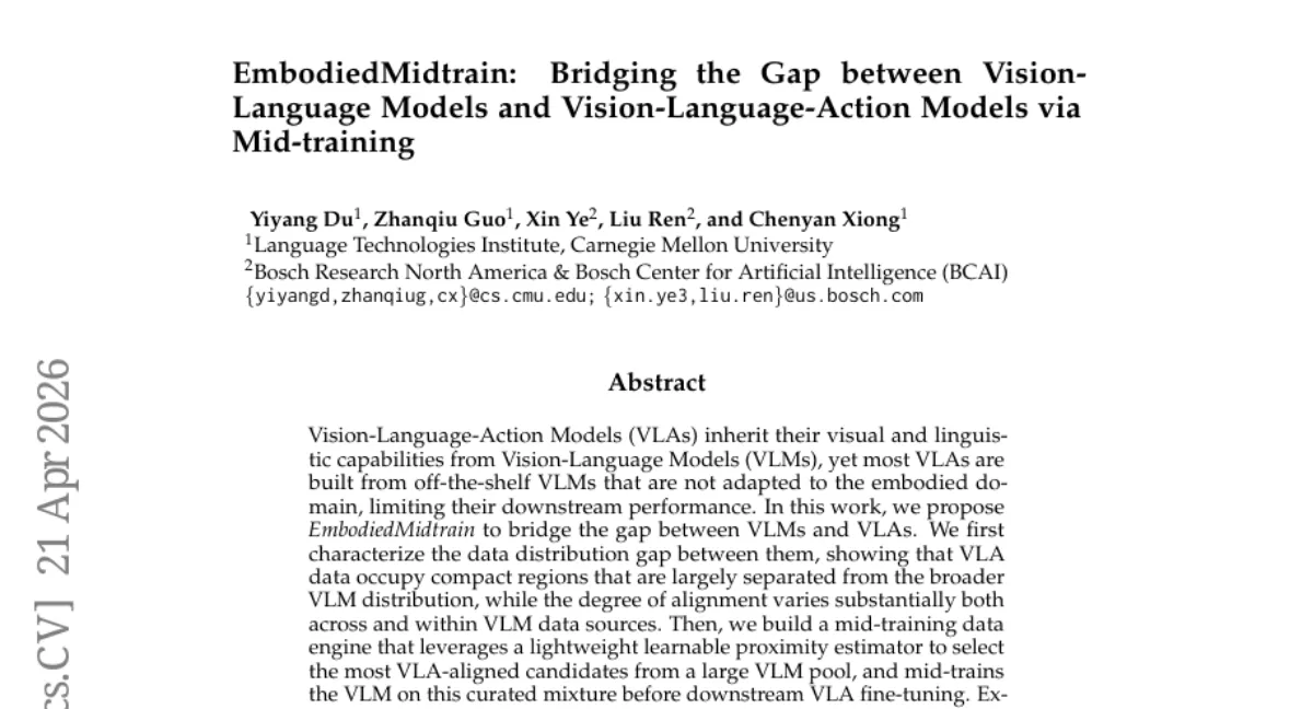 CMU, VLM과 VLA 간 데이터 분포 차이를 메우는 EmbodiedMidtrain — 로봇 조작 3개 벤치마크에서 일관된 성능 향상