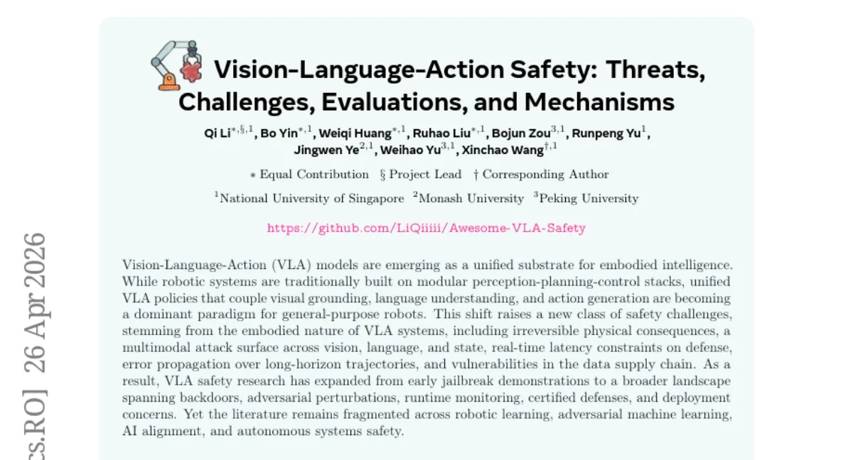VLA 모델 안전성 통합 서베이 — 공격·방어·평가·배포 전 영역