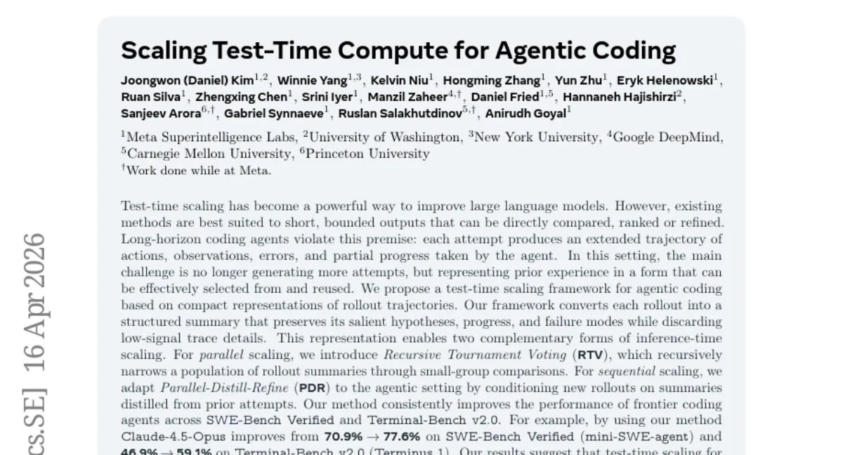 Meta, rollout 요약 기반 test-time scaling — SWE-Bench 70.9→77.6%