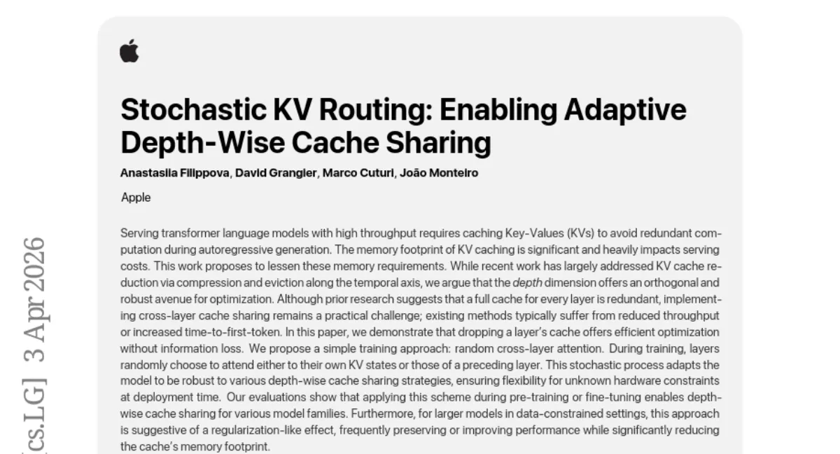 Apple, 무작위 교차-층 어텐션으로 KV 캐시 메모리 절반으로 줄이다