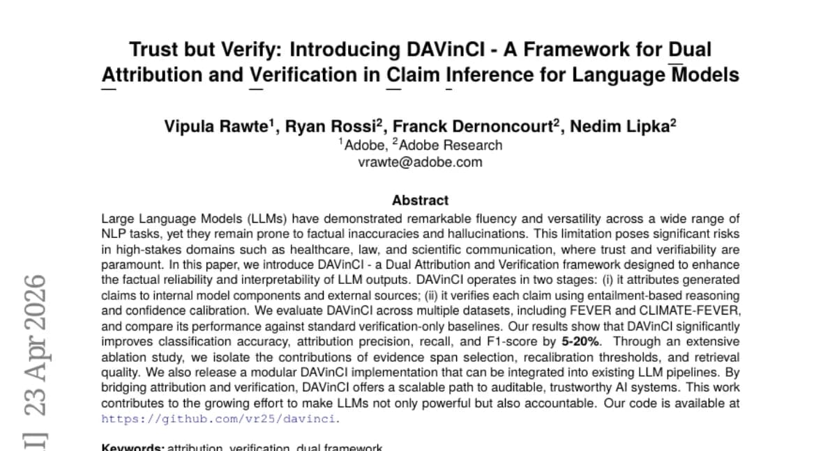 DAVinCI: Dual attribution and verification framework improves LLM factuality by 5-20% F1