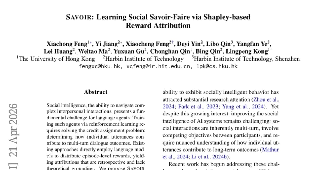 HKU proposes SAVOIR — Shapley value credit assignment for social RL, 7B model matches GPT-4o on SOTOPIA