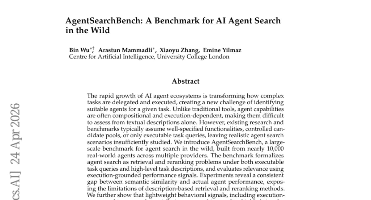 AgentSearchBench — 1만 개 실제 에이전트로 검색 성능 평가, 실행 신호가 설명 기반 검색보다 우수