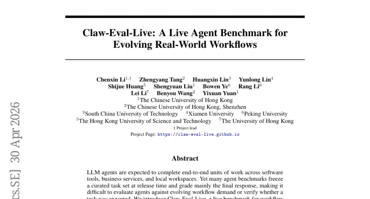 Claw-Eval-Live: 실시간 워크플로우 에이전트 벤치마크 — 최고 모델도 66.7% 통과
