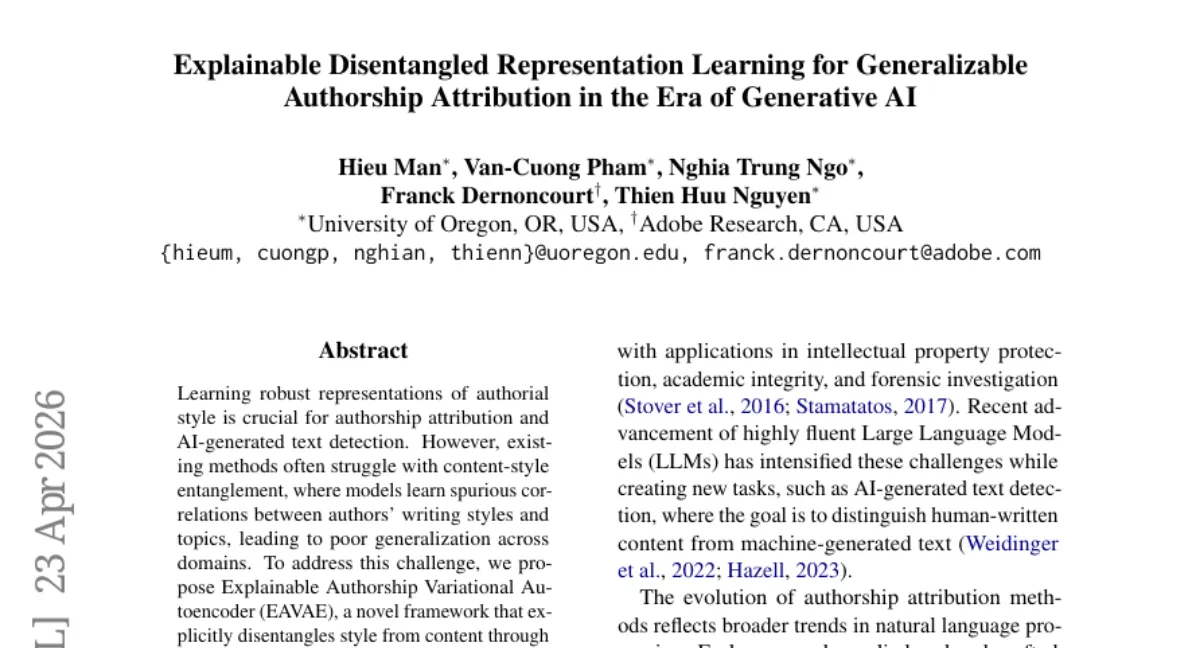 EAVAE: Disentangling style from content for authorship attribution and AI text detection