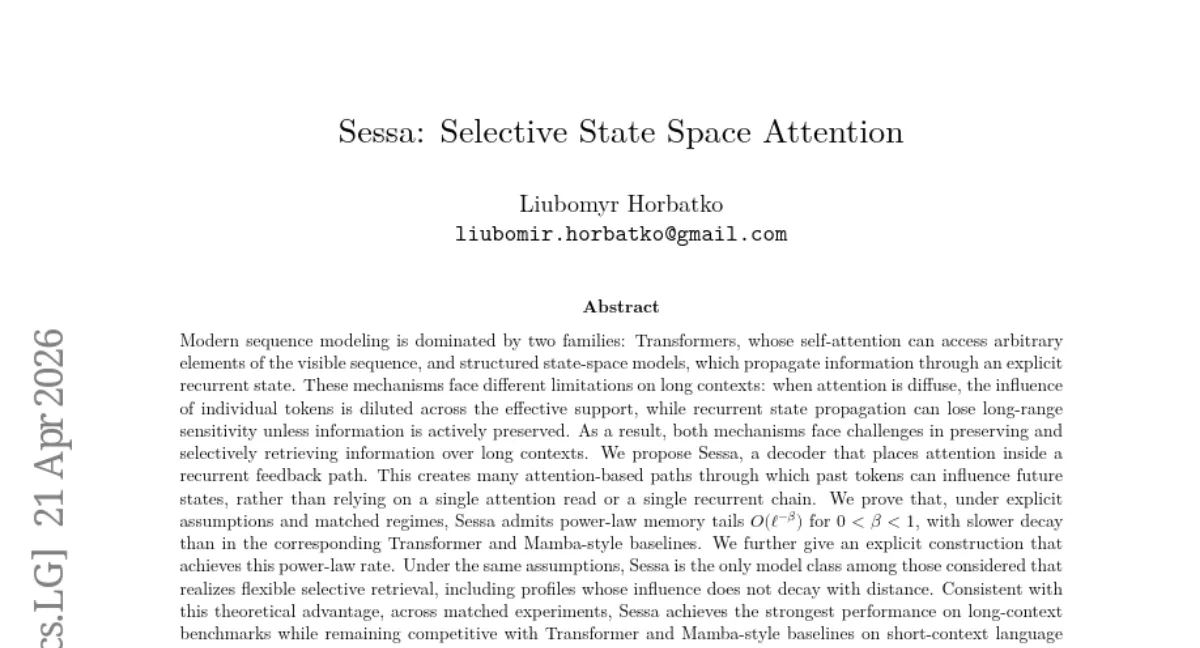 Sessa: 어텐션을 순환 피드백 경로에 배치해 장기 의존성 개선 — 멱법칙 메모리 붕괴와 선택적 검색