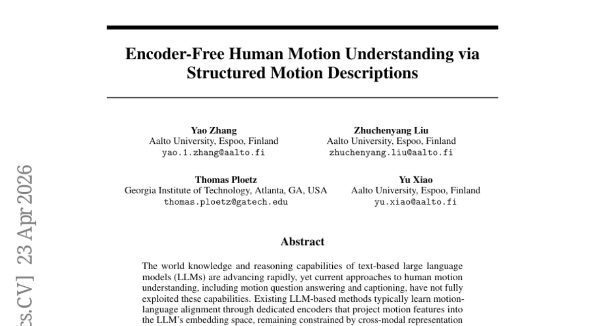 Structured Motion Description converts 3D pose to text, achieving 66.7% on BABEL-QA and 90.1% on HuMMan-QA