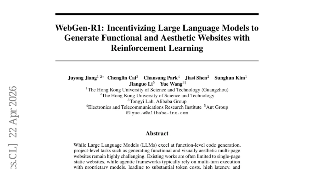 WebGen-R1: 7B RL model generates multi-page websites, beats 72B models and rivals 671B DeepSeek-R1