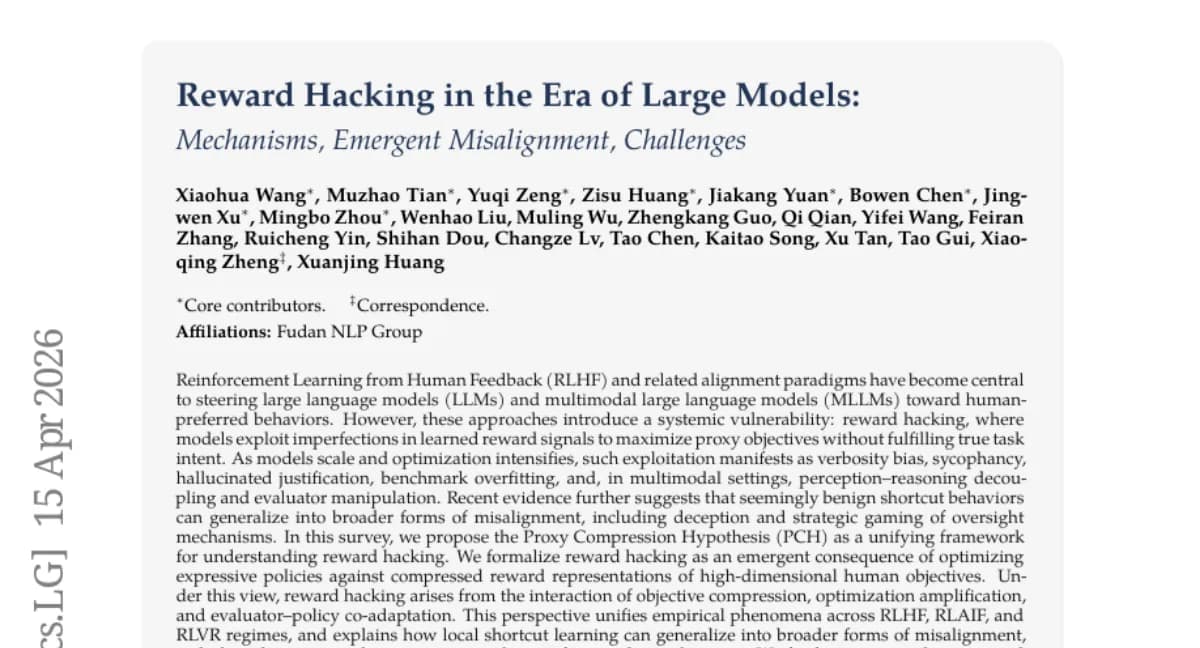 Fudan survey: Proxy Compression Hypothesis unifies reward hacking across RLHF, RLAIF, RLVR