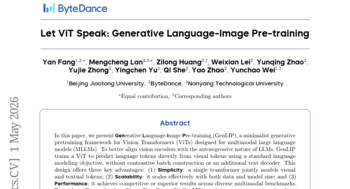 ByteDance GenLIP: ViT가 언어 토큰을 직접 예측하는 생성적 사전학습 — 8B 샘플로 MLLM 벤치마크에서 경쟁력