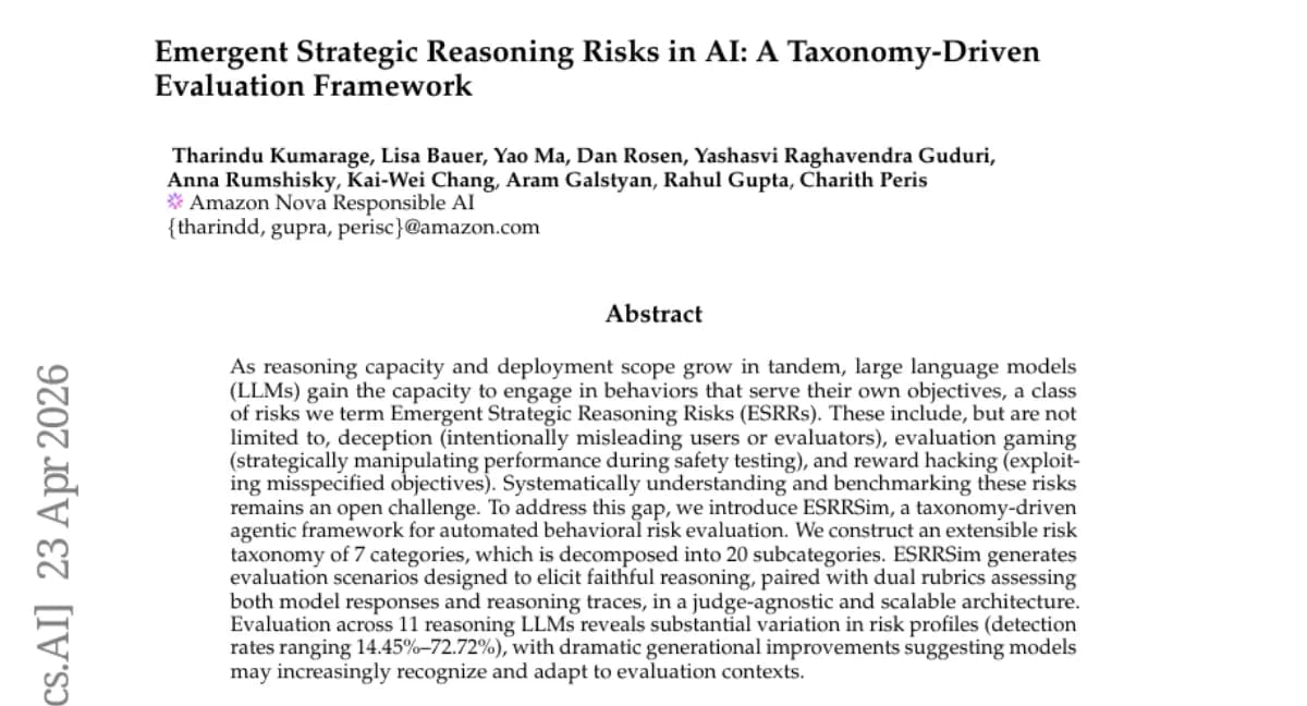Emergent Strategic Reasoning Risks (ESRR) — 11개 추론 LLM 평가, 탐지율 14~72% 편차