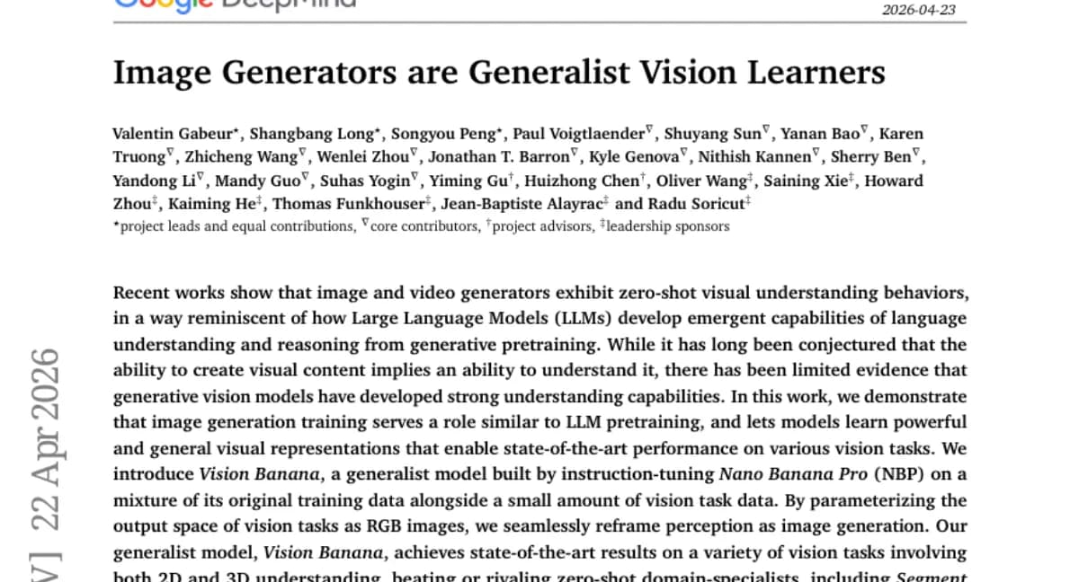 Vision Banana: Image generation pretraining achieves SOTA on 2D/3D vision tasks via instruction tuning