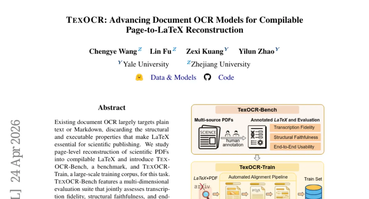 TexOCR: PDF에서 컴파일 가능한 LaTeX로 재구성 — 2B 모델, SFT+RL로 구조 충실도 개선