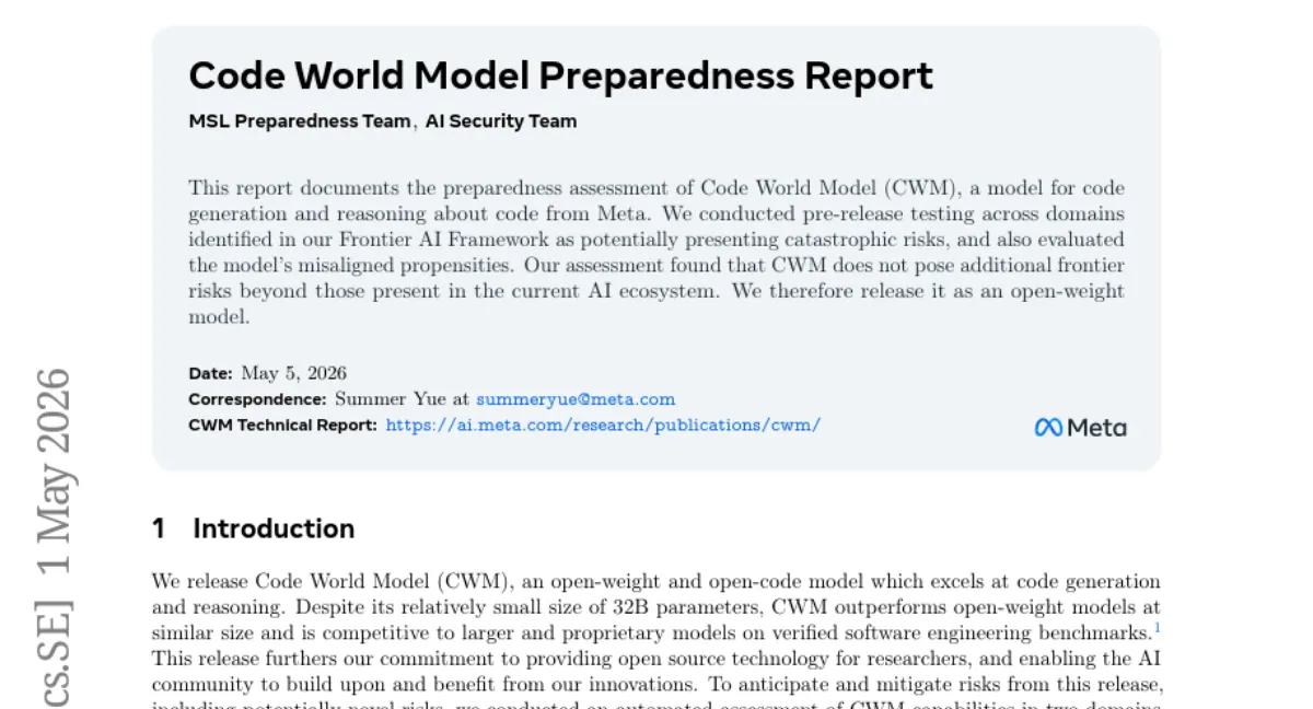 Meta, Code World Model (CWM) 오픈웨이트 공개 — 프론티어 위험 평가 결과 추가 위험 없음