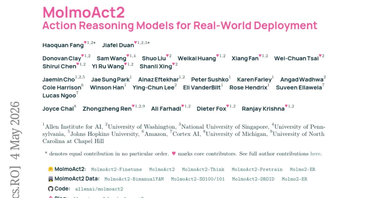 Ai2, 오픈소스 로봇 행동 추론 모델 MolmoAct2 공개 — 7개 벤치마크에서 Pi-0 능가