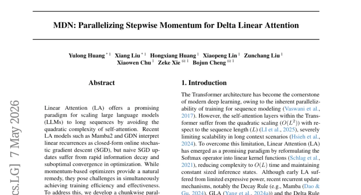 Momentum DeltaNet — 선형 attention 에 momentum 을 더해 1.3B 까지 Transformer 대비 성능 개선