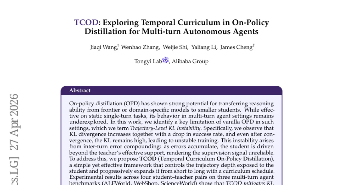 TCOD: 온-폴리시 증류의 다중 턴 에이전트 불안정성 해결 — ALFWorld 등에서 최대 18점 개선