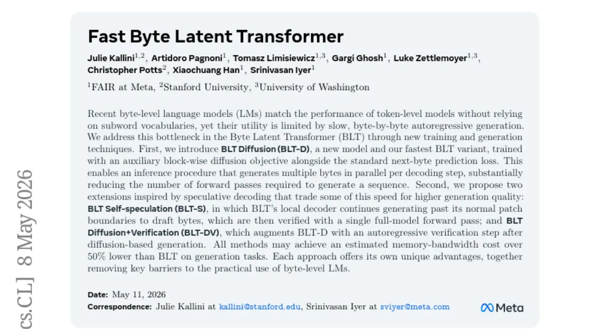 BLT Diffusion: 바이트 수준 언어 모델 생성 속도 50% 개선 — 병렬 디코딩 기법
