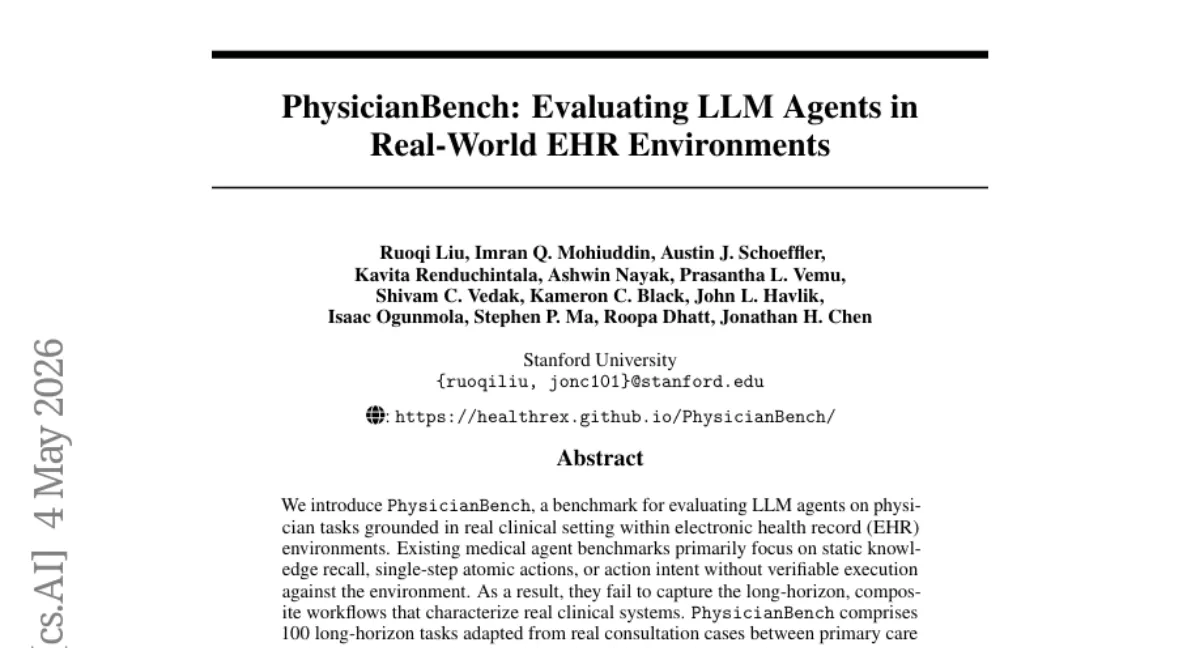 PhysicianBench — EHR 환경에서 의사 업무 평가, 최고 모델도 46% 성공률
