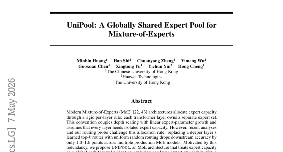 CUHK, MoE 전문가 풀을 공유하는 UniPool 제안 — 41.6% 파라미터로 vanilla MoE 성능 상회