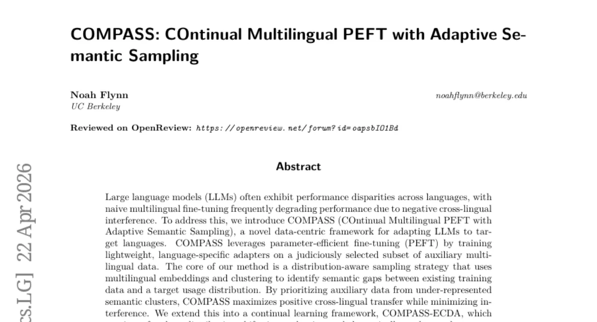 COMPASS: Continual multilingual PEFT with adaptive semantic sampling outperforms baselines on Global-MMLU and MMLU-ProX