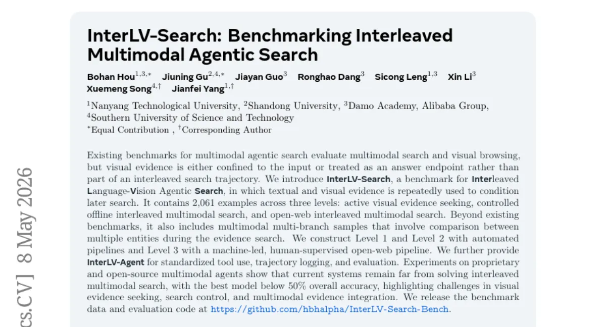 InterLV-Search: 다중 모달 에이전트 검색에서 시각 증거를 반복 활용하는 벤치마크 — 최고 모델도 정확도 50% 미만