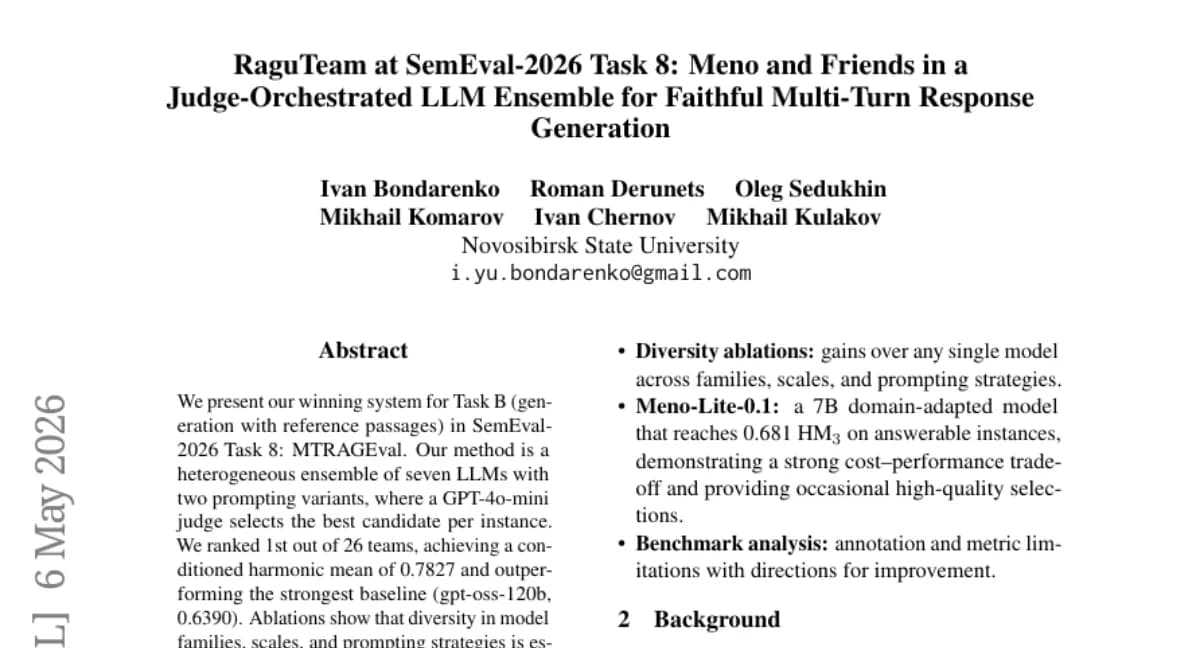 SemEval-2026 Task 8 우승 — 7개 LLM 이종 앙상블로 conditioned harmonic mean 0.7827 달성