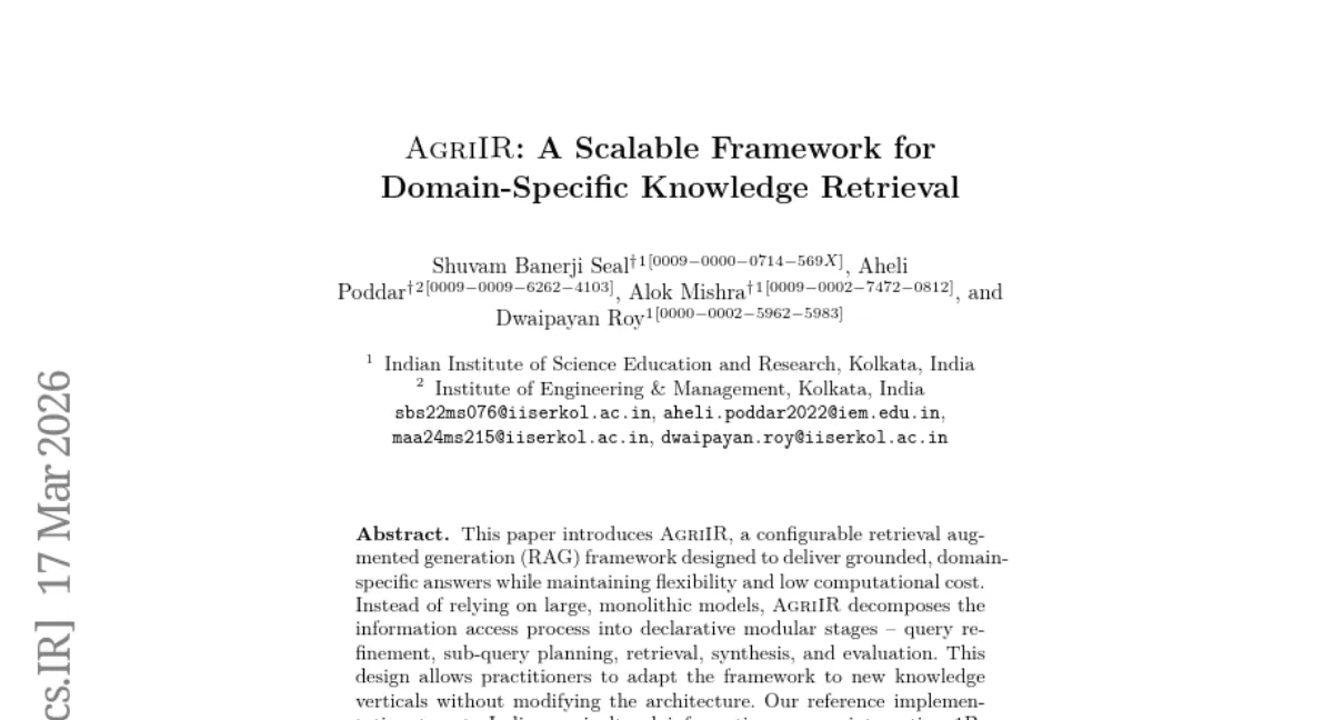 AgriIR: 모듈형 RAG 프레임워크로 인도 농업 정보 접근성 개선 — 1B 파라미터 모델로도 신뢰성 확보