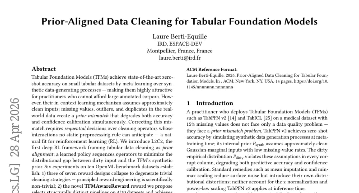 L2C2: 강화학습으로 Tabular Foundation Model의 사전 정렬 — TabPFN 정확도 0.851 vs 0.843