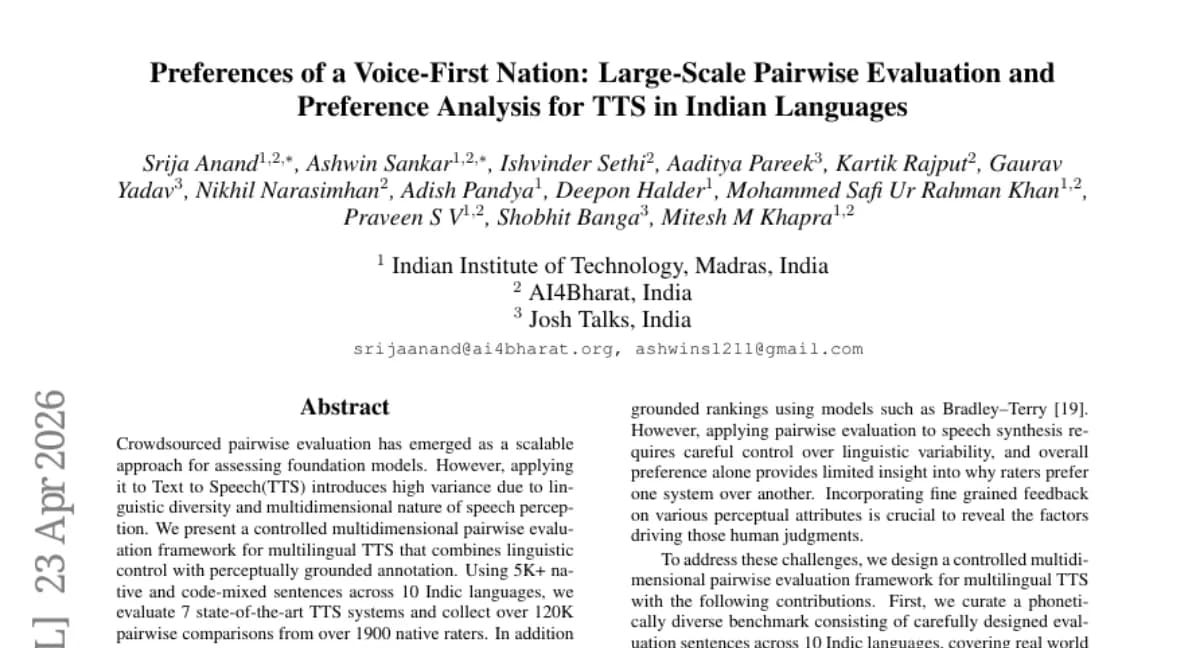AI4Bharat, 10개 인도어 TTS 평가 프레임워크 — 120K 쌍비교로 6개 지각 차원 분석