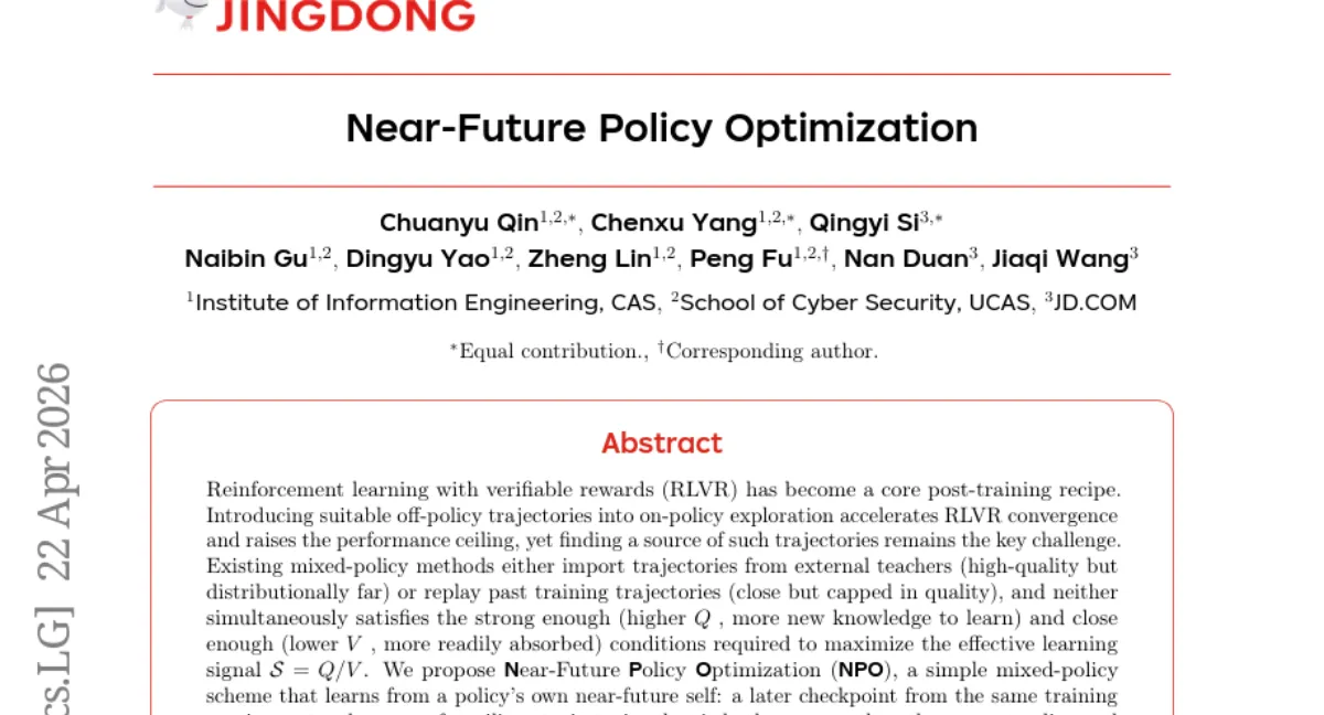 Near-Future Policy Optimization boosts RLVR by 4.96 points on Qwen3-VL-8B