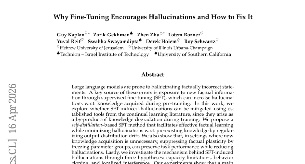 SFT가 유발하는 환각, 자기-증류와 파라미터 동결로 완화 — 지속학습 접근법