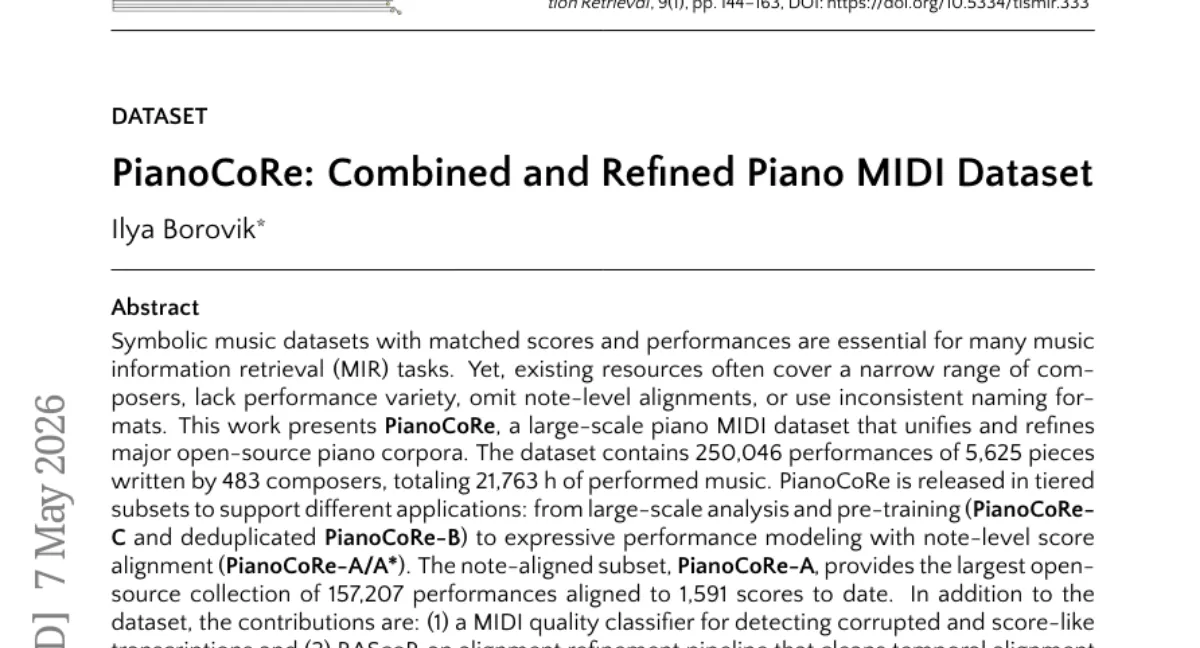 PianoCoRe — 250,046개 연주 포함한 대규모 피아노 MIDI 데이터셋, 노트 정렬 및 품질 분류기 제공