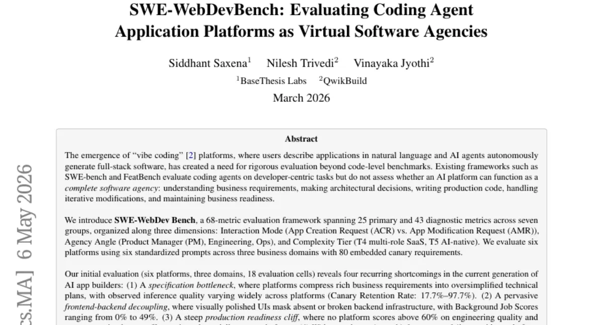 SWE-WebDev Bench: AI 앱 빌더 7개 평가 — 68개 메트릭, 보안 점수 65% 미만