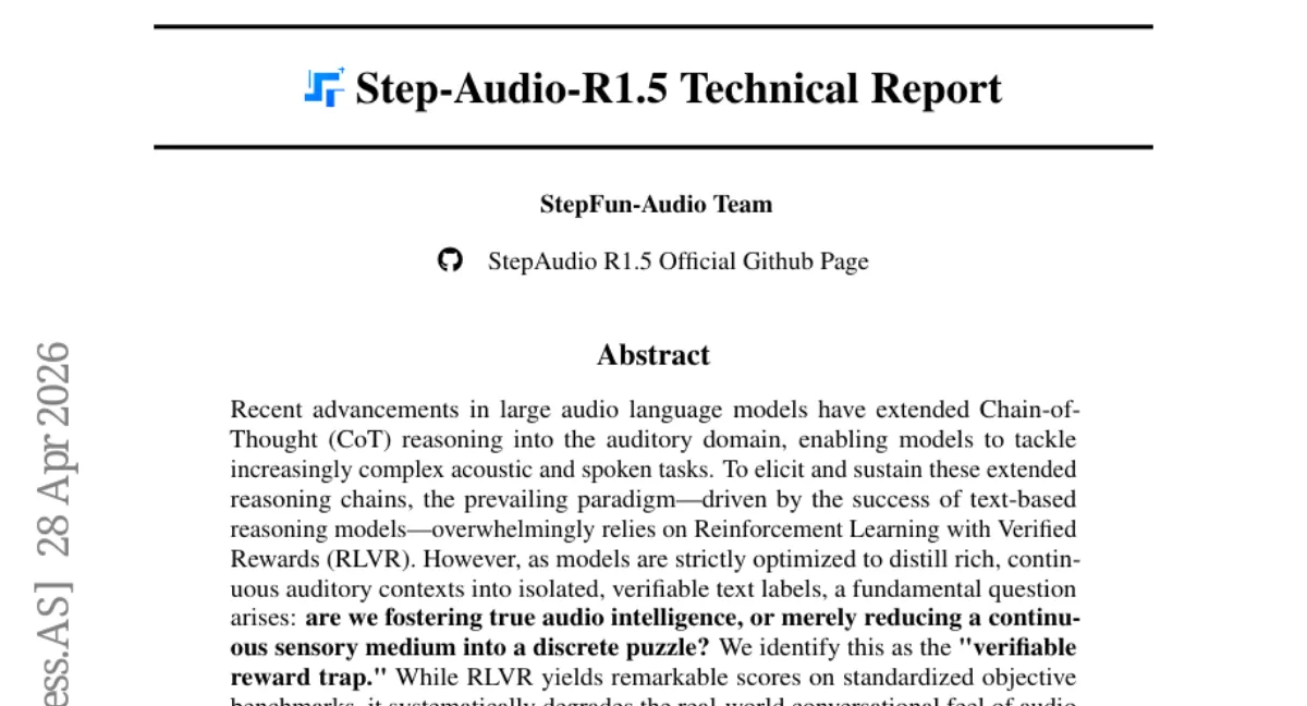 Step-Audio-R1.5: RLVR가 오디오 모델의 자연스러움을 해친다는 문제 제기와 RLHF로의 전환