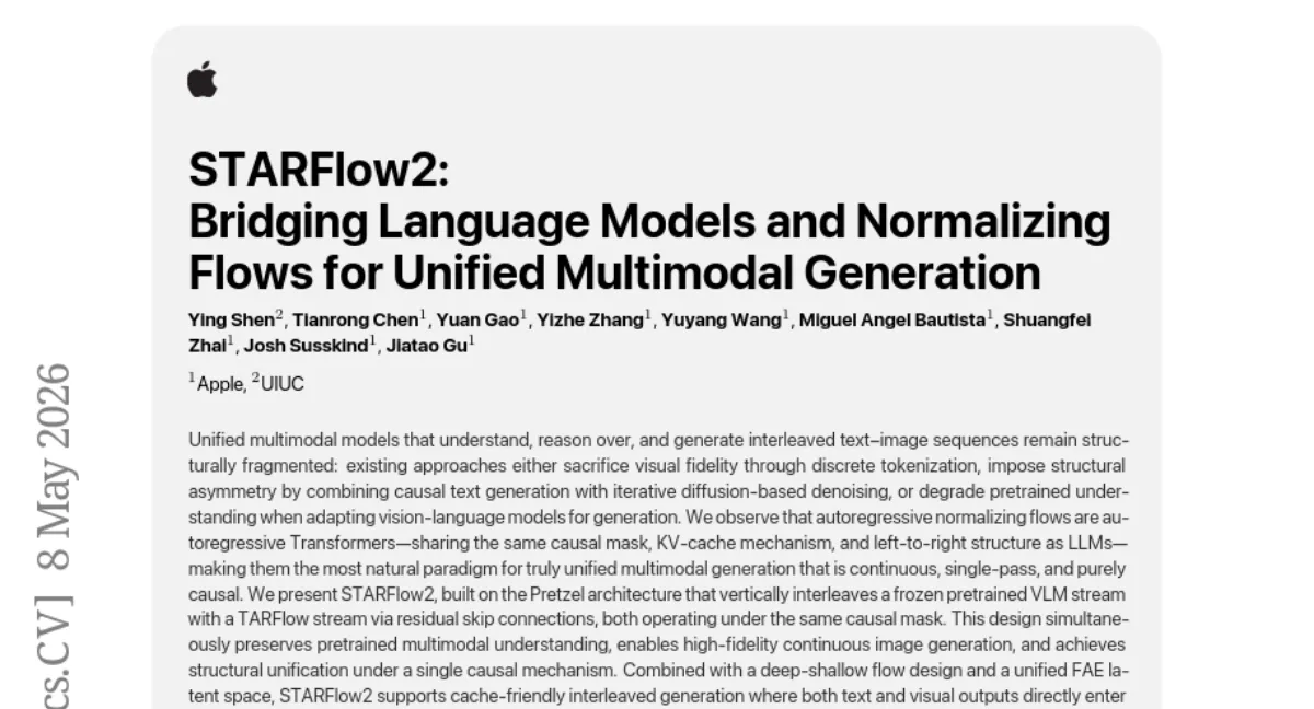 STARFlow2: 자기회귀 정규화 플로우로 통합 멀티모달 생성 — 텍스트·이미지 동시 생성에서 KV 캐시 효율 2배