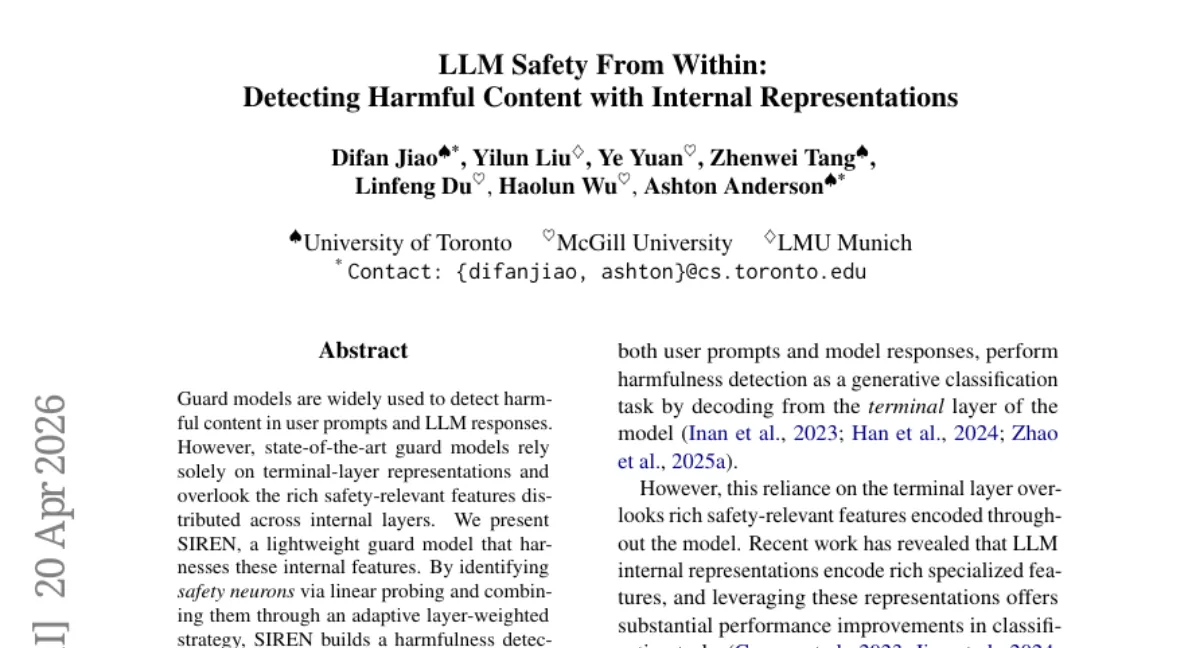 SIREN: LLM 내부 레이어의 안전 뉴런을 활용한 경량 가드 모델 — 파라미터 250분의 1로 SOTA 능가