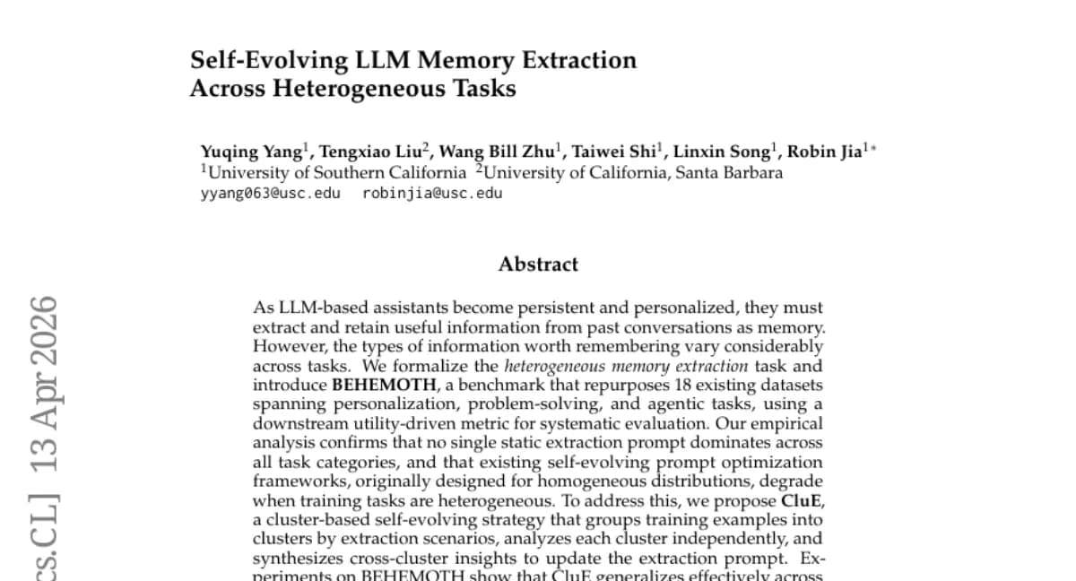 USC, heterogeneous memory extraction benchmark BEHEMOTH — CluE prompt optimization +9.04%