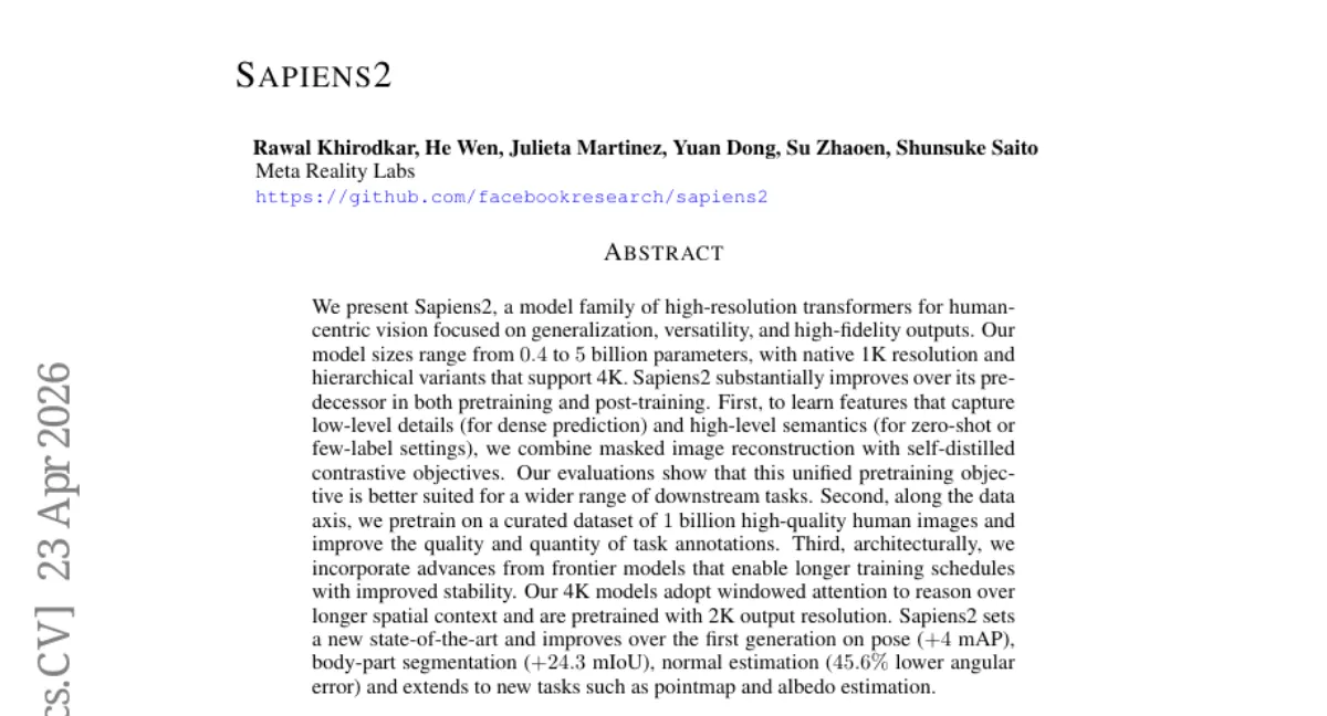 Meta, 인간 중심 비전 모델 Sapiens2 공개 — 1B~5B 파라미터, 4K 해상도, 포즈·세그멘테이션·노멀 추정 SOTA